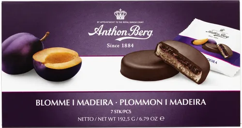 Fyldt chokolade m. marcipan og blomme i Madeira, Anthon Berg
