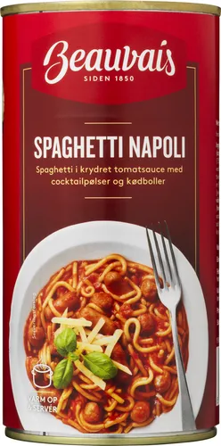 Beauvais, Spaghetti i tomatsauce m. cocktailpølser og kødboller