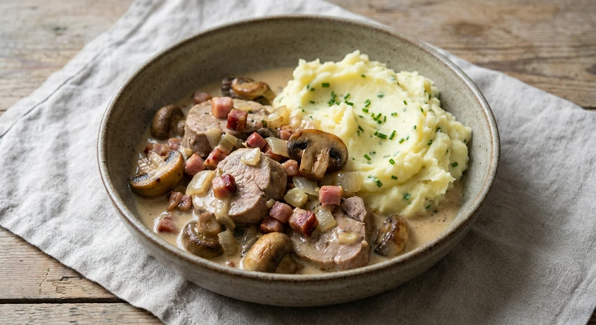 Mørbradgryde med bacon, champignon og kartoffelmos
