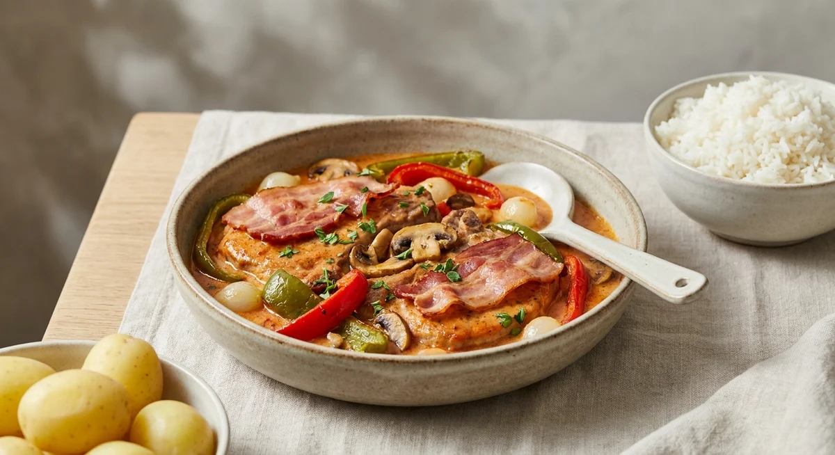 Koteletter i fad med bacon og peberfrugt