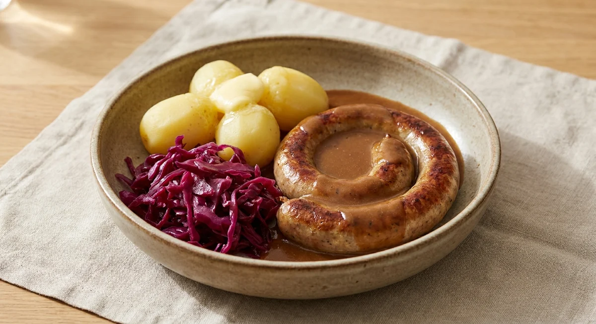 Medisterpølse med brun sovs, kartofler og rødkål