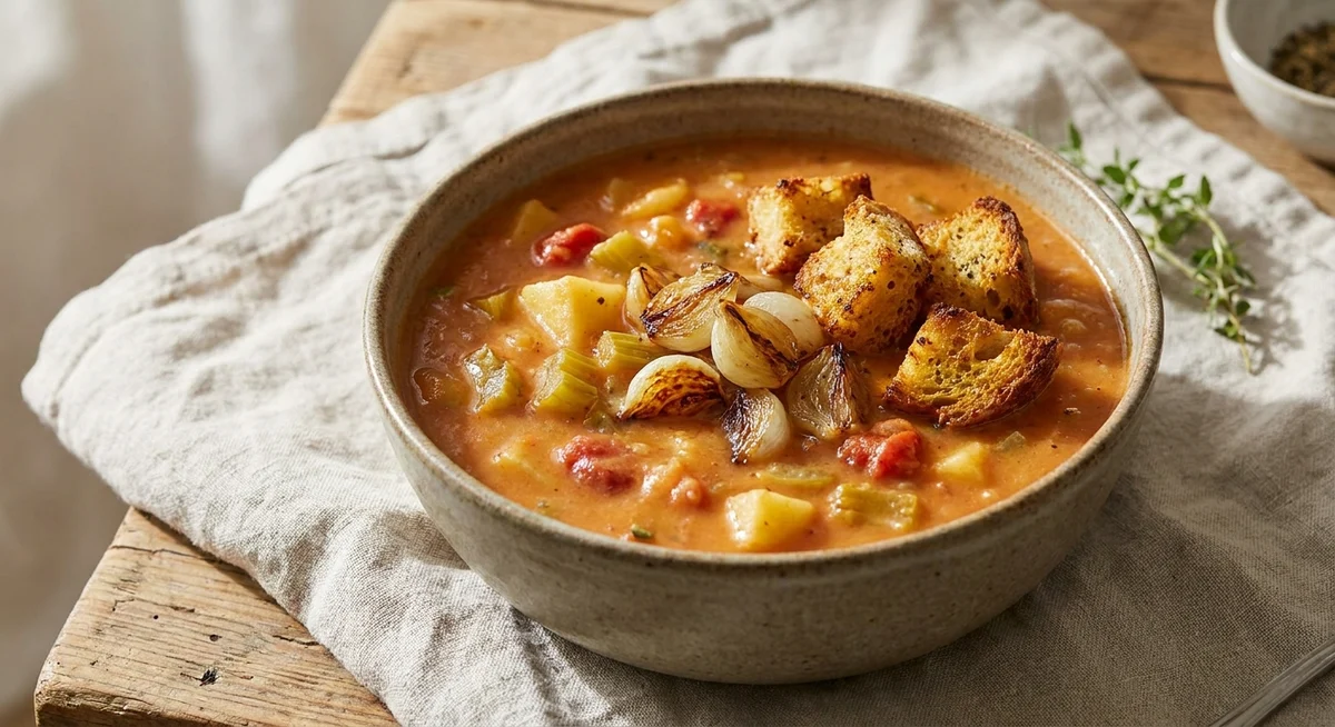 Spicy kartoffelsuppe med bagte perleløg og krydrede croutoner