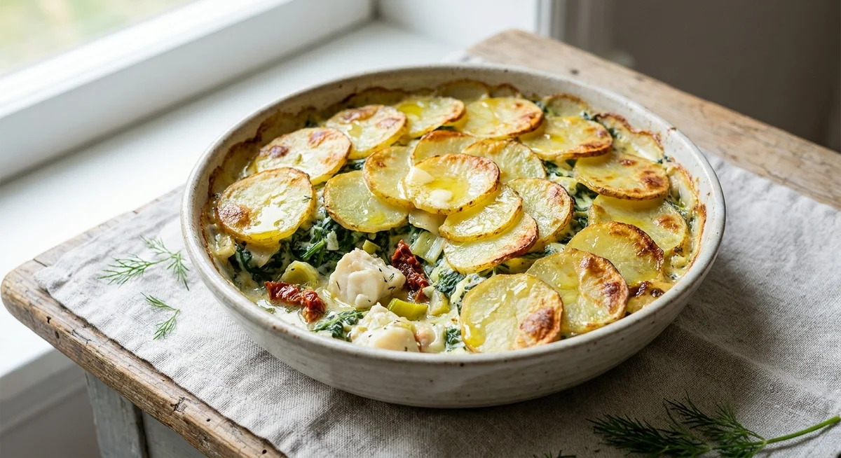 Fiskepie med spinat og kartoffellåg