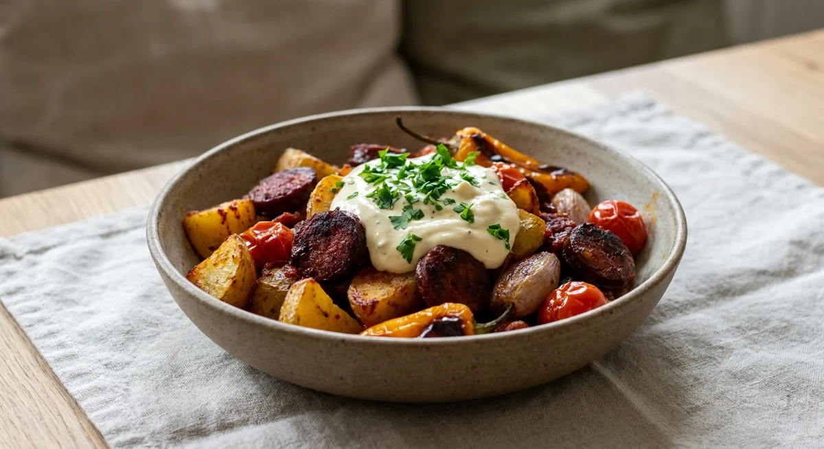Patatas bravas med chorizo og grønt