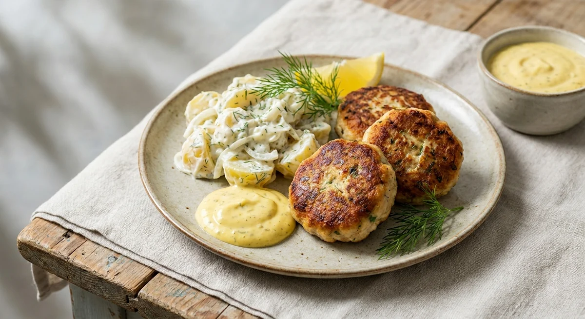 Fiskefrikadeller med kartoffelsalat og remoulade
