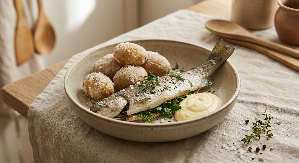 Saltkogte kartofler med fyldte foreller