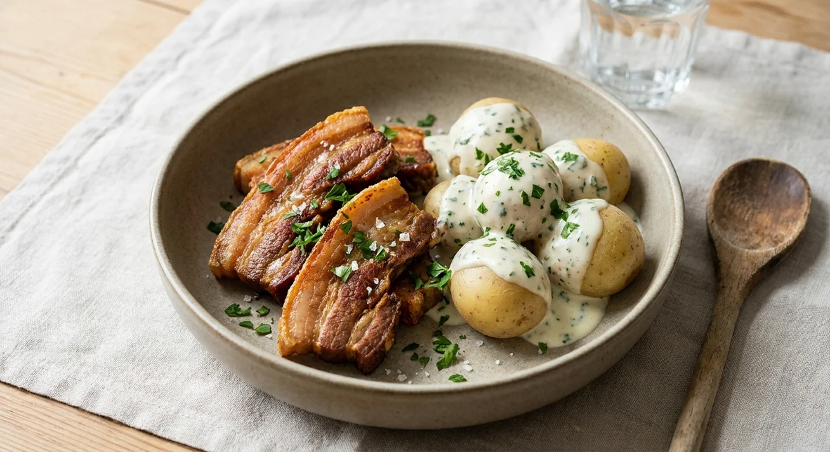 Stegt flæsk med persillesovs og kartofler