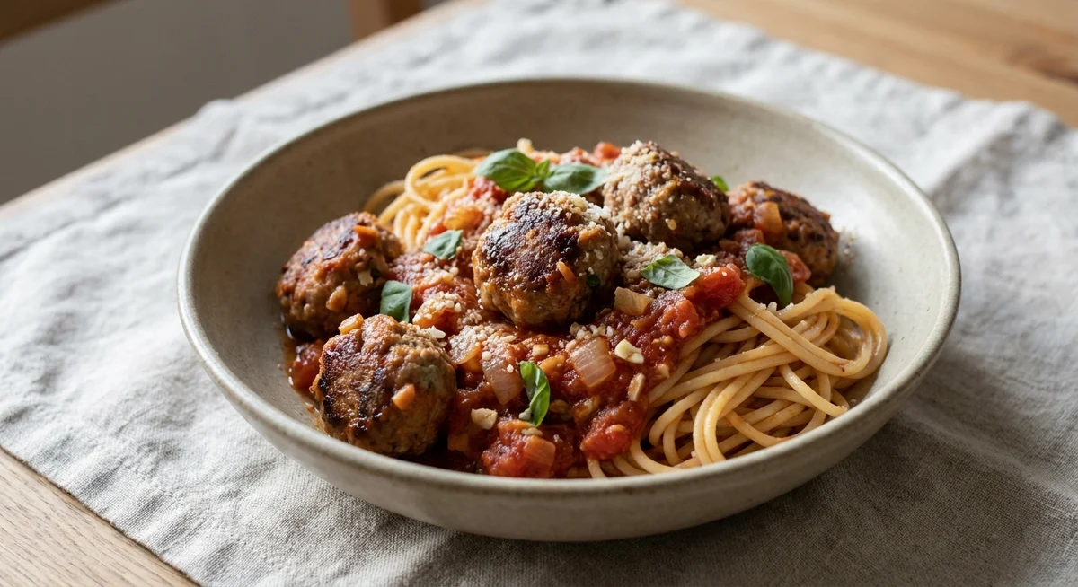 Pasta med kødboller i tomatsauce