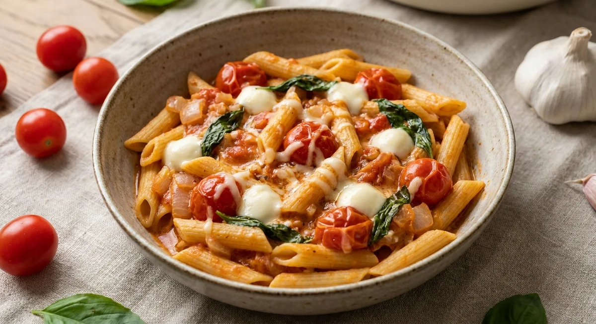 One pot pasta med tomat, basilikum og mozzarella