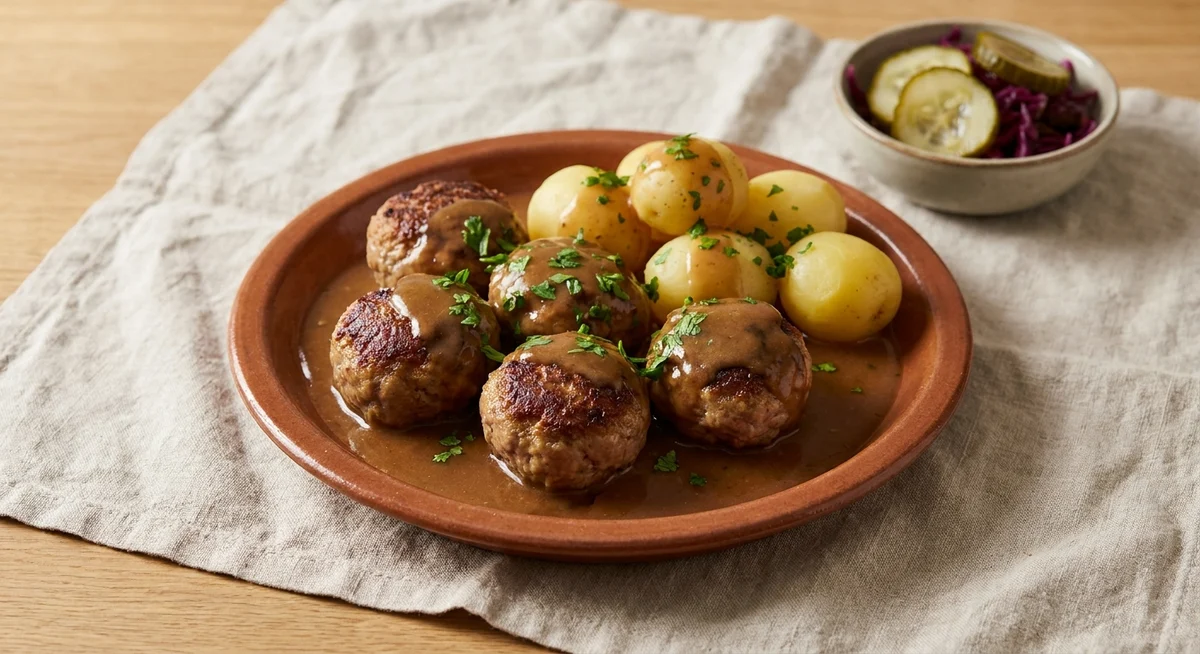 Frikadeller med brun sovs og kartofler