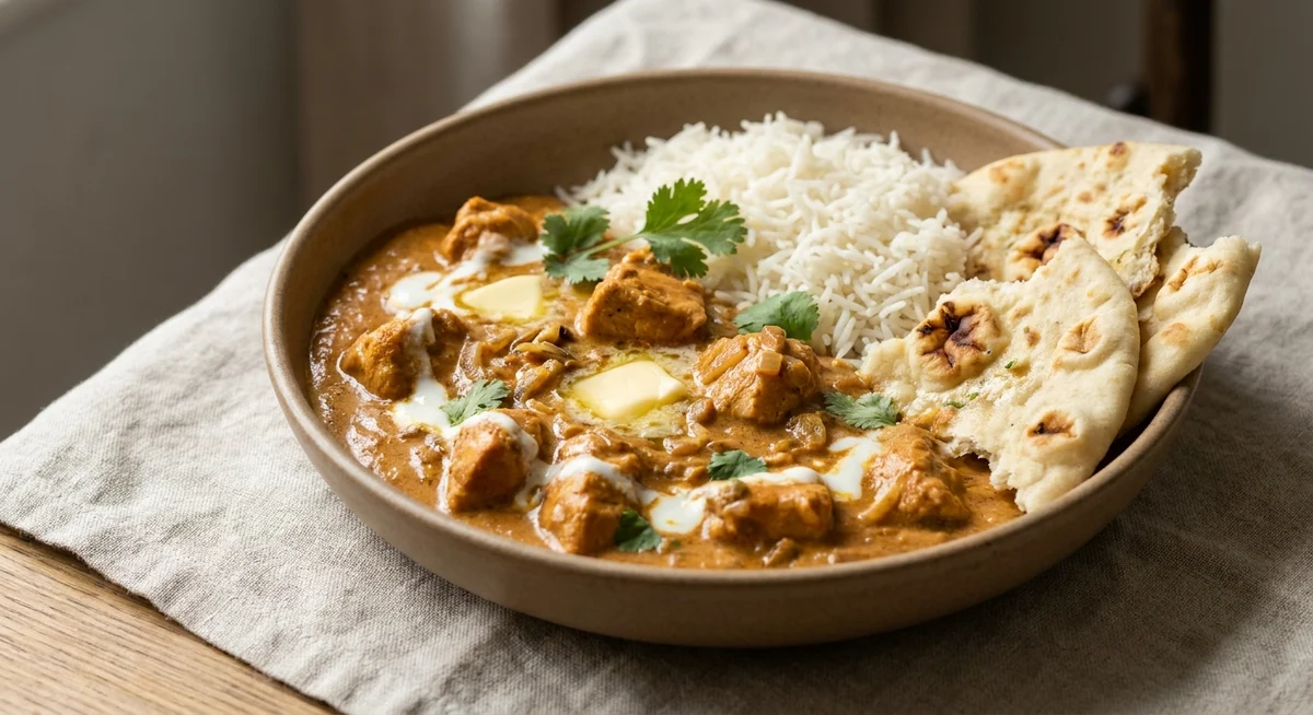 Butter chicken med ris og naan