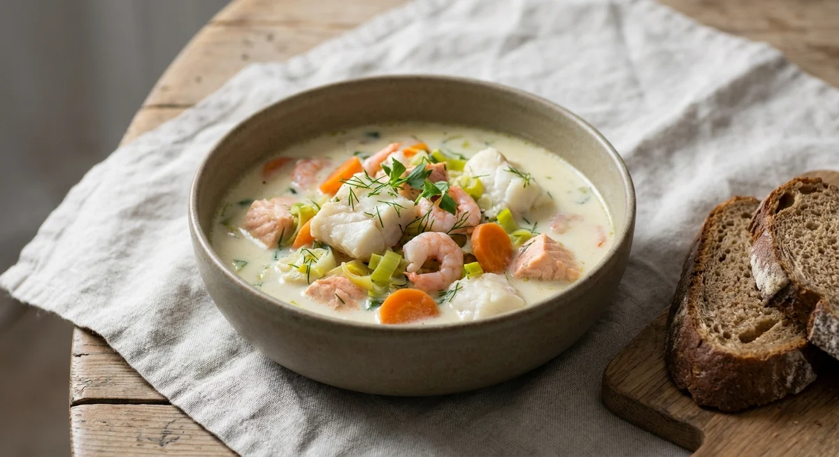Fiskesuppe med fløde og grøntsager