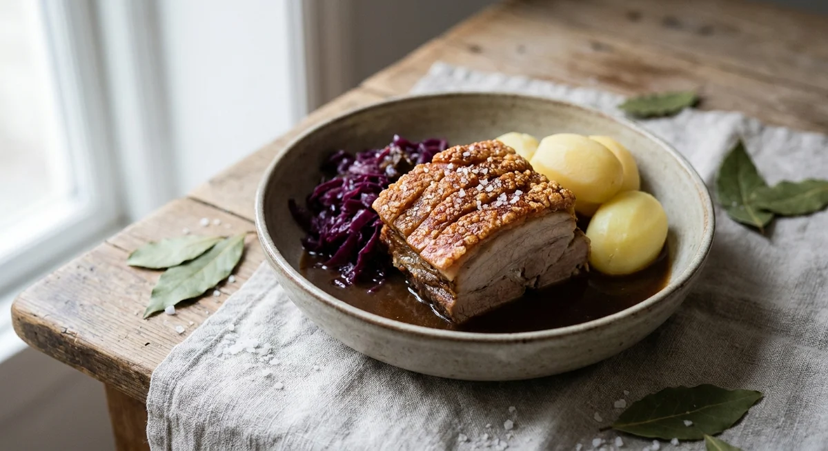 Flæskesteg med rødkål, brun sovs og kartofler