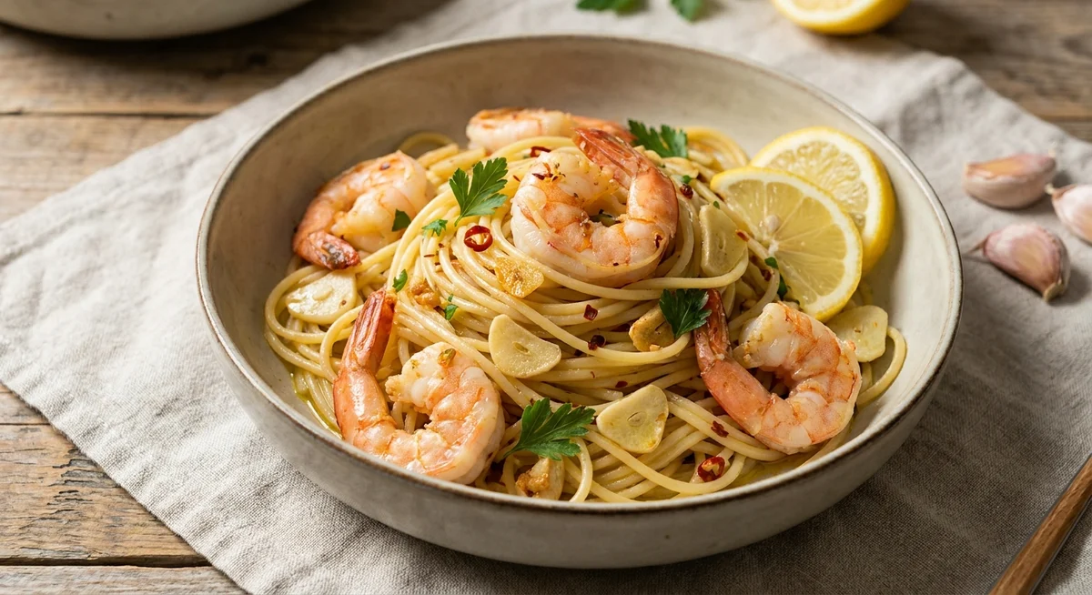 Rejer med hvidløg, pasta og citron