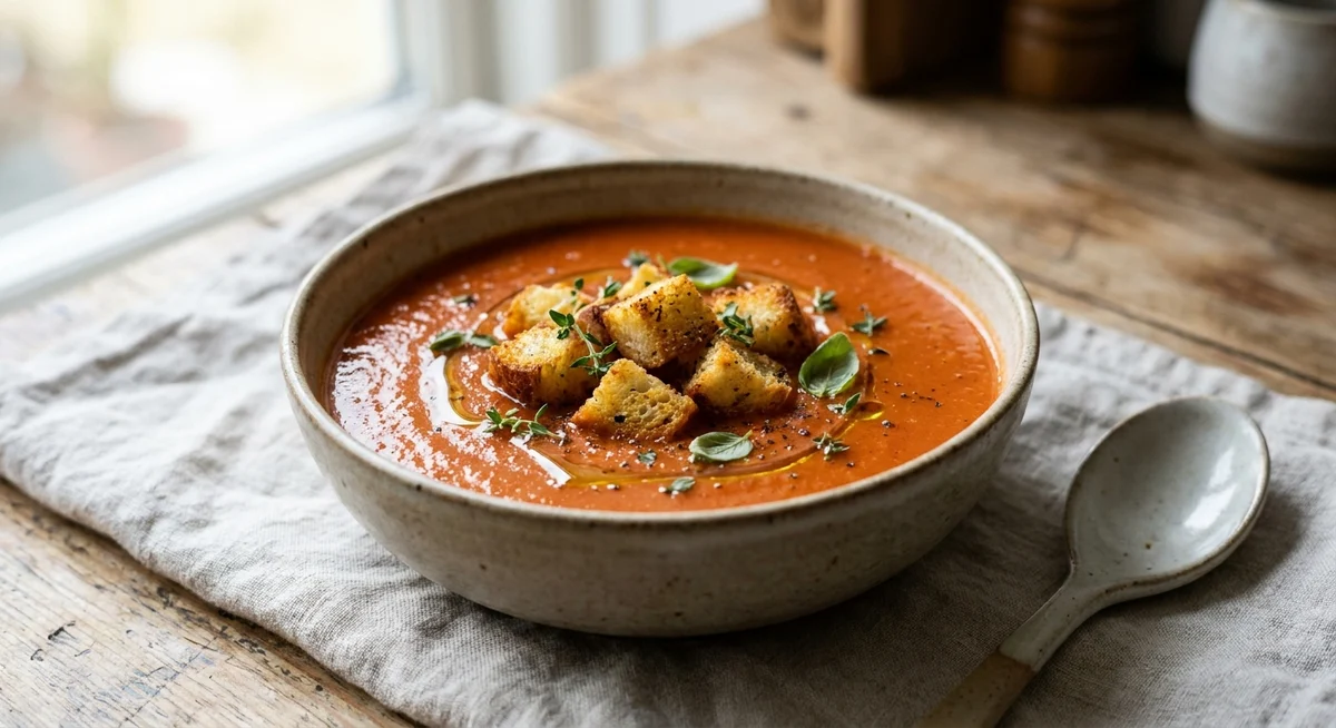 Klar tomatsuppe med brødcroutoner
