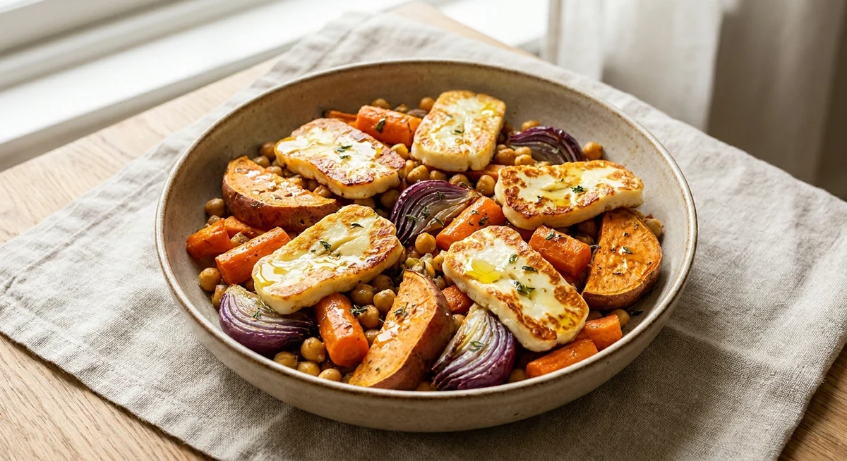 Halloumi-traybake med rodfrugter og honning