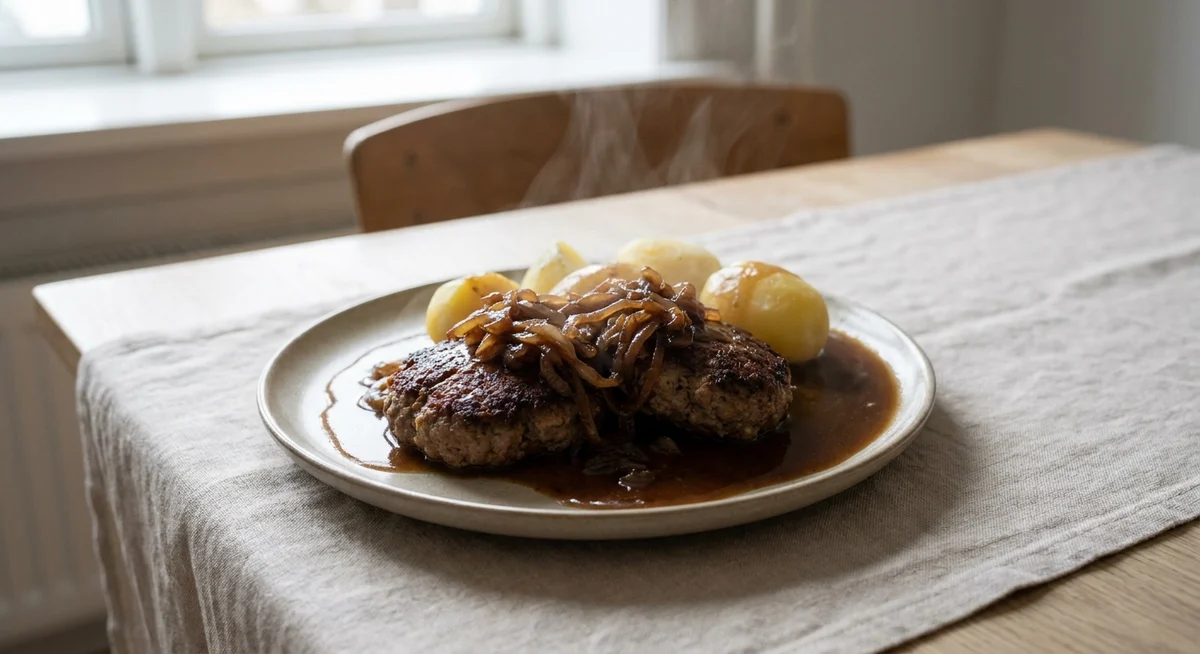 Hakkebøf med bløde løg og kartofler