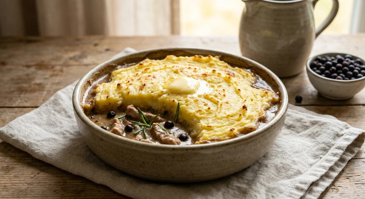 Enbærgryde med bagt kartoffelmos