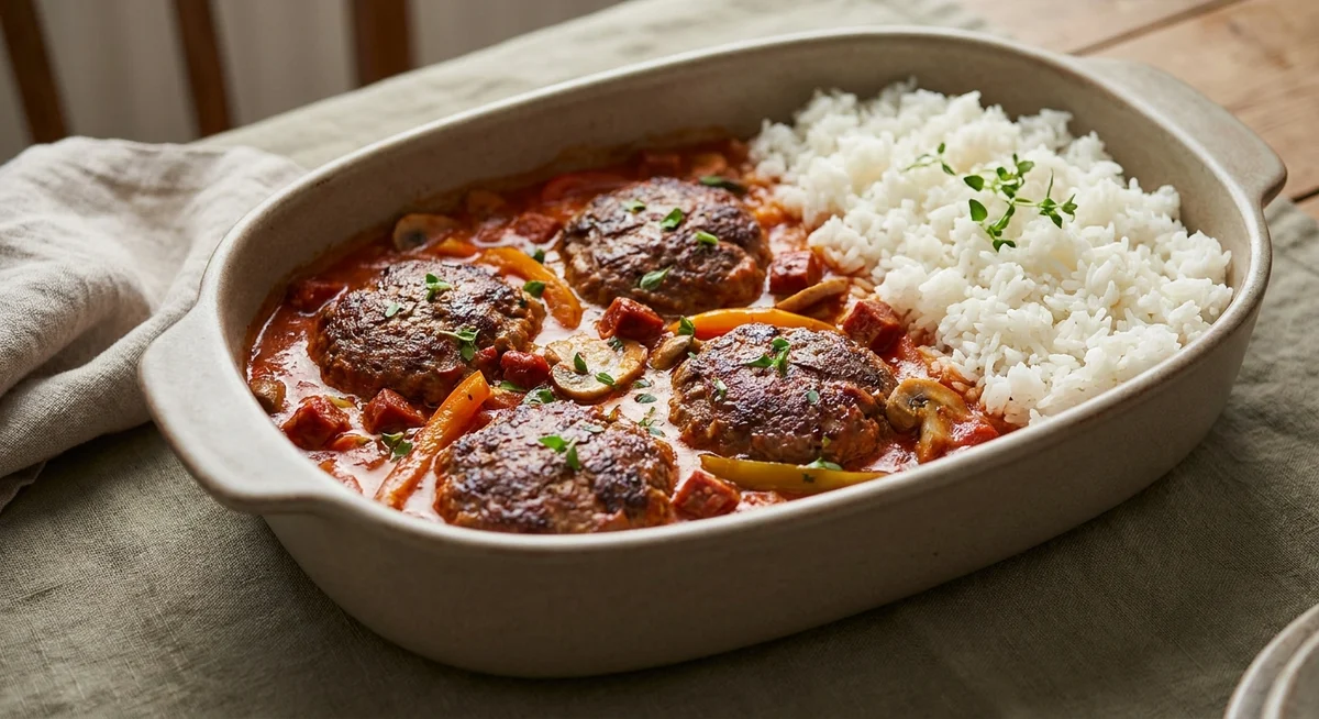 Hakkebøffer i fad med krydret tomatflødesauce
